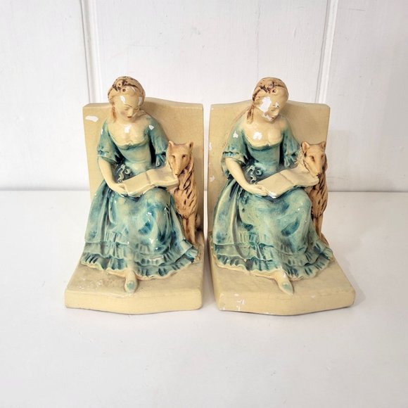 1930s Jane Austin Lovers Chalkware Bookends Woman and Dog - Picture 1 of 8